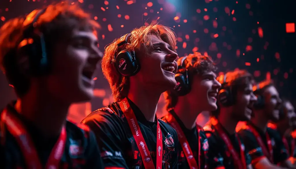 A group of esports players, with vibrant red confetti floating around them in an energetic arena setting.