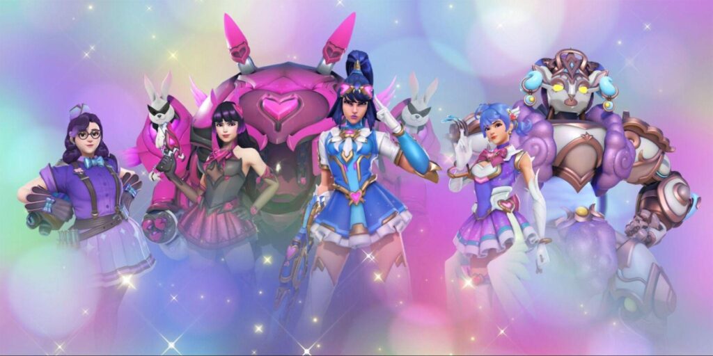 A group of colorful characters in vibrant outfits stands together, showcasing a mix of playful and futuristic designs against a pastel background.