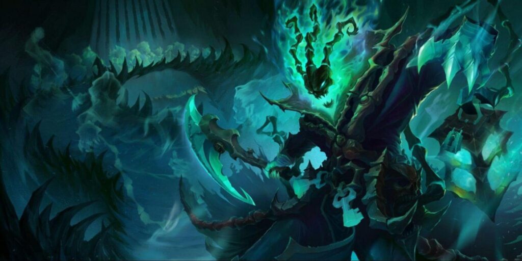 Thresh wielding a scythe and surrounded by eerie green flames, set in a dark underwater world filled with shadows.