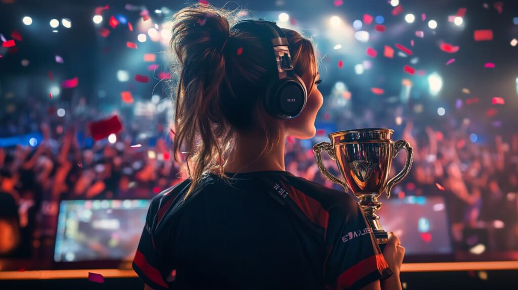 A female gamer in headphones holds a trophy aloft, surrounded by a cheering crowd and colorful confetti at an esports event.