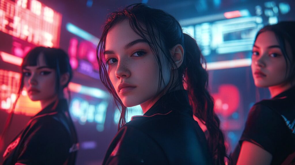 Three individuals in sleek black attire stand against a backdrop of vibrant neon lights and digital screens, exuding a futuristic vibe.