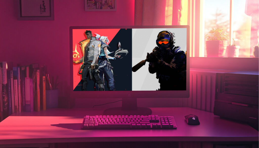 A computer monitor displays characters from CS2 vs VALORANT.