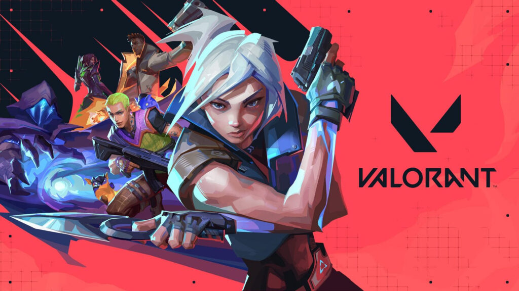 A dynamic illustration of four Valorant agents ready for battle, set against a vibrant pink background with the Valorant logo.