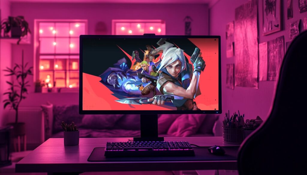A vibrant gaming setup featuring a monitor displaying Valorant characters against a pink-lit room backdrop.