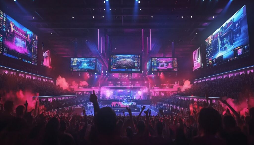 A packed esports arena with vibrant lighting and massive screens showcasing intense gaming matches, filled with cheering fans.
