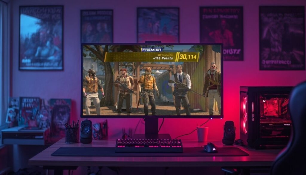 A gaming setup featuring a monitor displaying a Counter-Strike 2 (CS2) game, set in a cozy room decorated with posters.