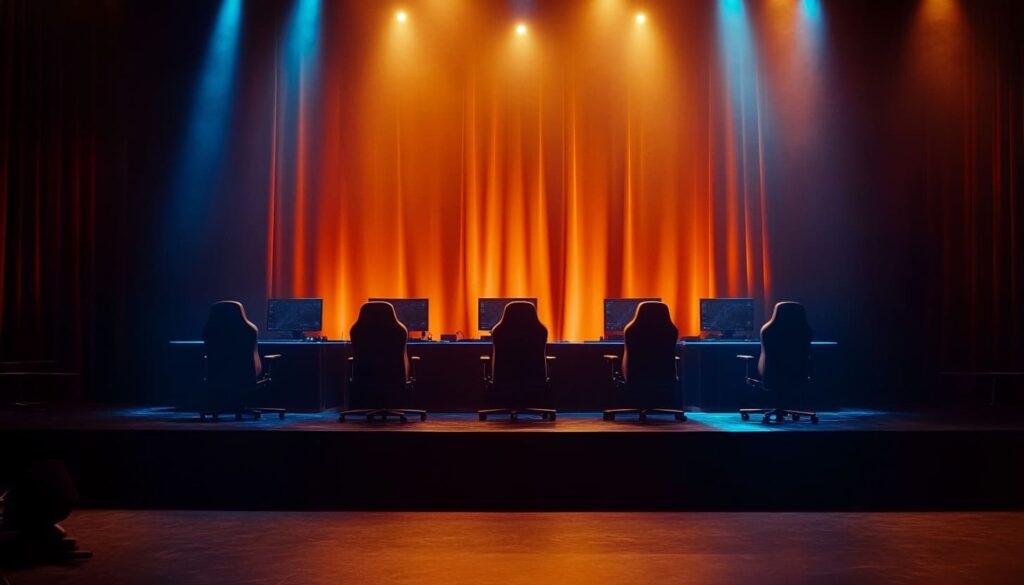 A dimly lit eSports stage with six gaming chairs and monitors, set against an orange and blue backdrop.