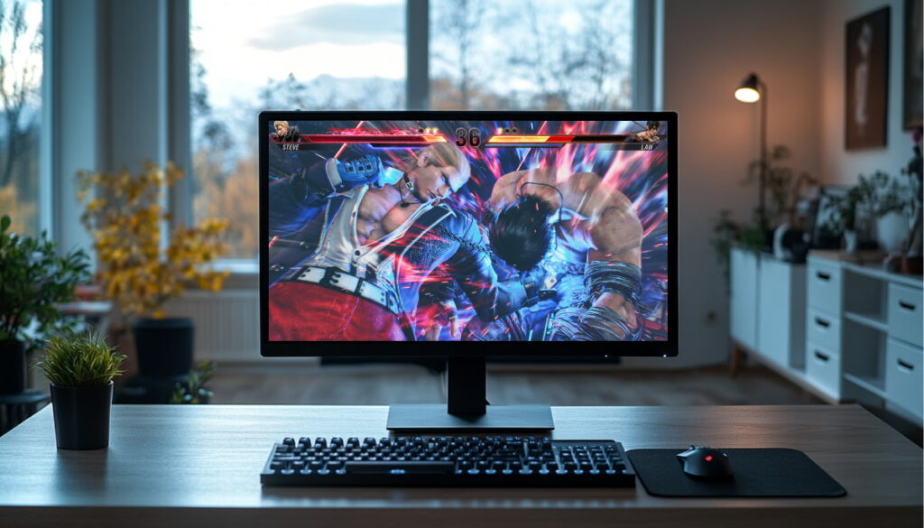 A computer monitor showing a Tekken 8 fight between Steve and Law, in a cozy home office setting.