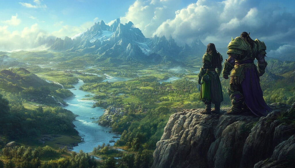 Two fantasy characters in WoW-style armor overlooking a vast landscape from a cliff, representing adventure and achievements.