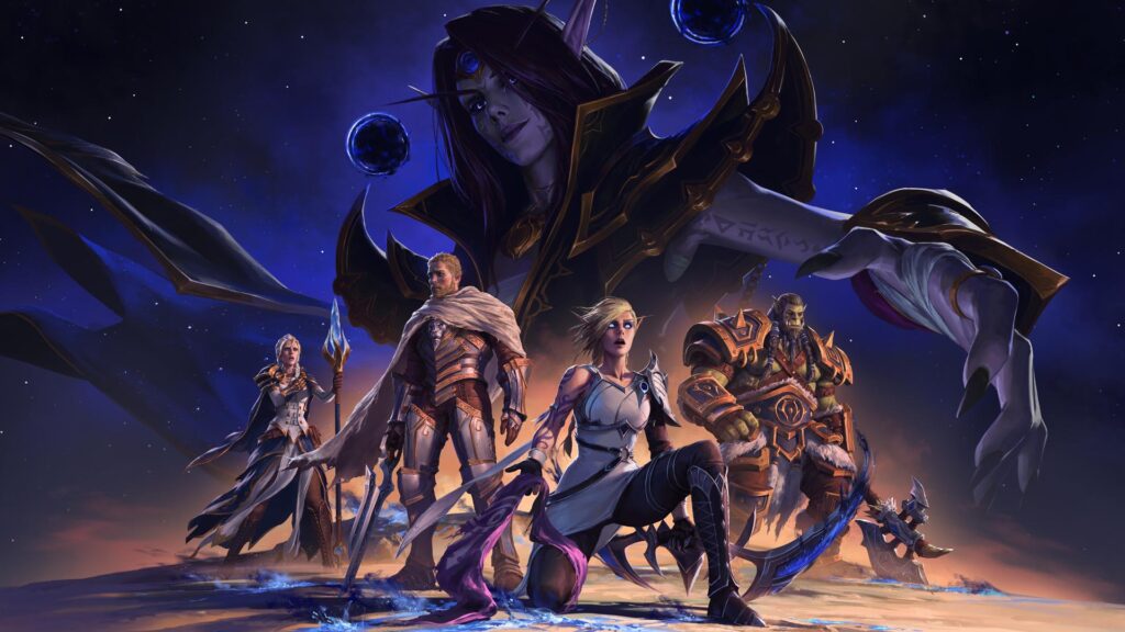 Key art from World of Warcraft: The War Within, featuring a group of heroes preparing for battle under the looming presence of a powerful shadowy figure in a cosmic setting.