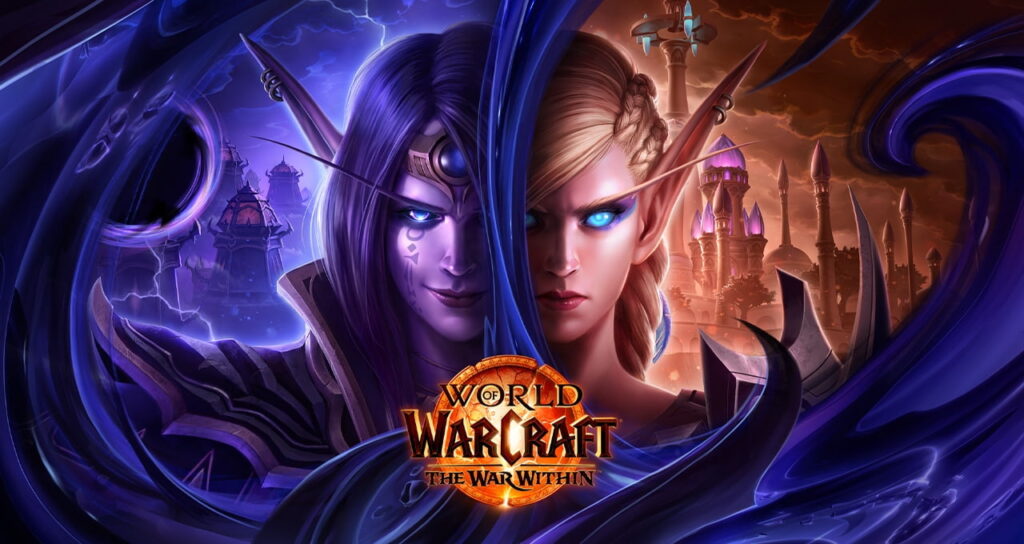 Promotional artwork for World of Warcraft: The War Within, featuring two elf characters—one dark, one light—split down the middle, with contrasting fantasy cityscapes in the background.
