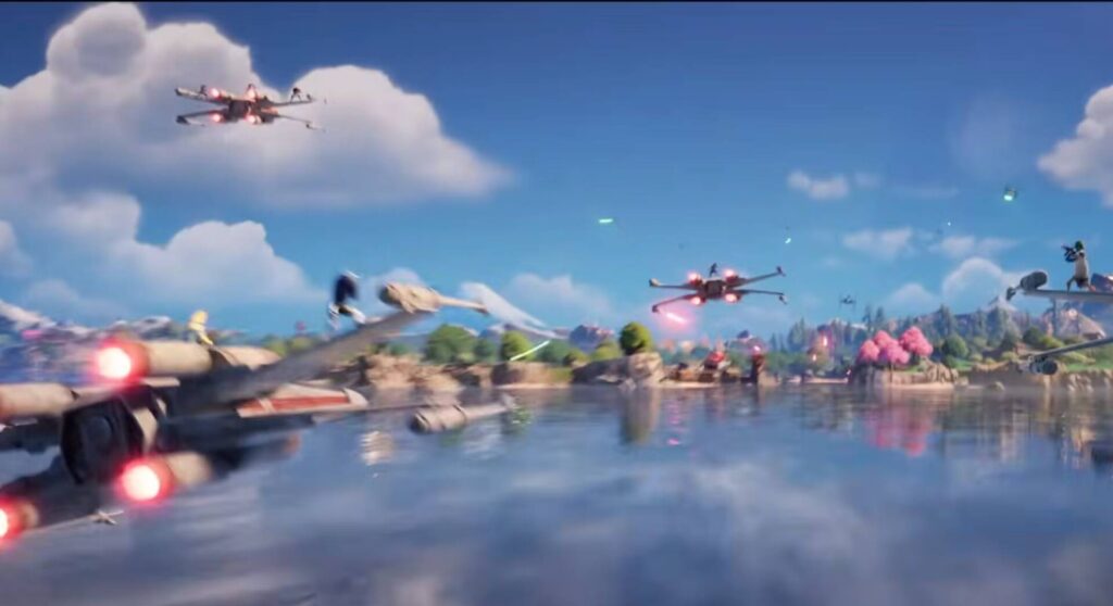 Amidst a colorful landscape, multiple X-wing starfighters engage in a cinematic aerial battle over a tranquil lake under a blue sky.