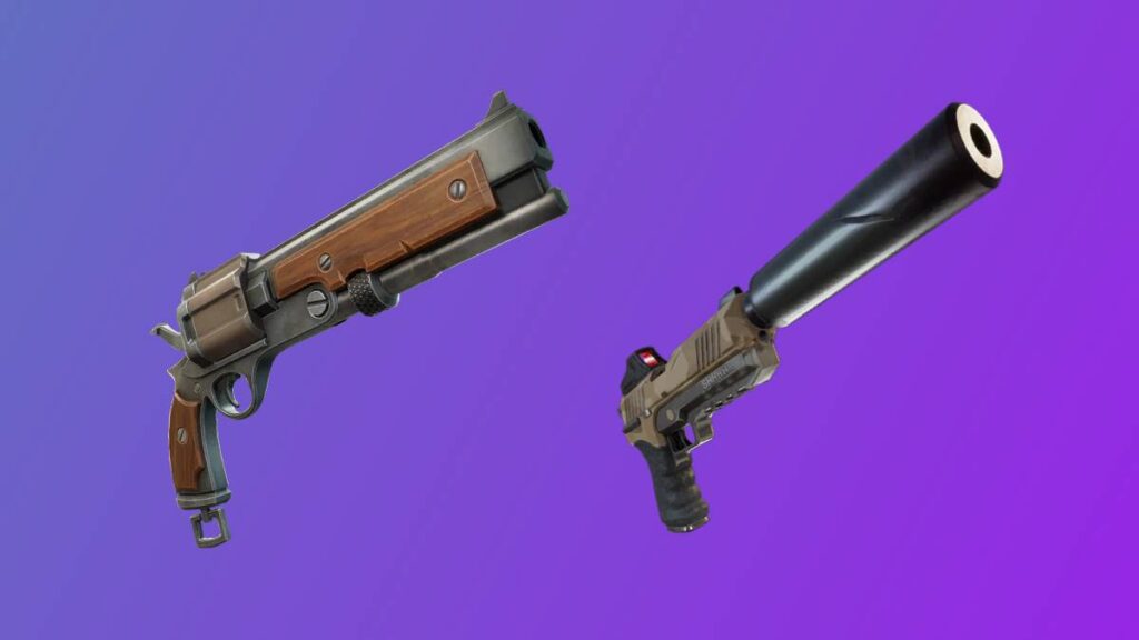 A vintage revolver and a modern suppressed pistol displayed against a vibrant purple background.