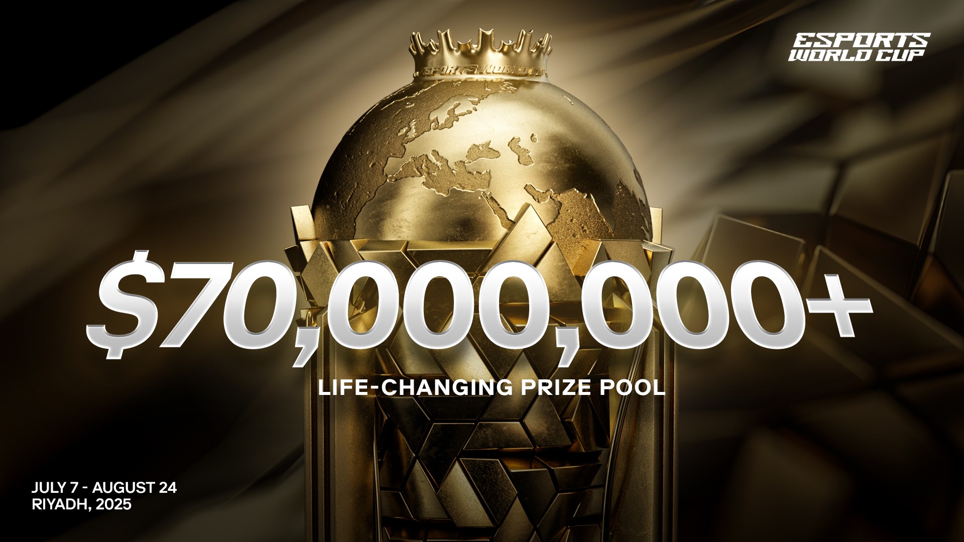 Image of Esports World Cup trophy with prize pool amount in foreground