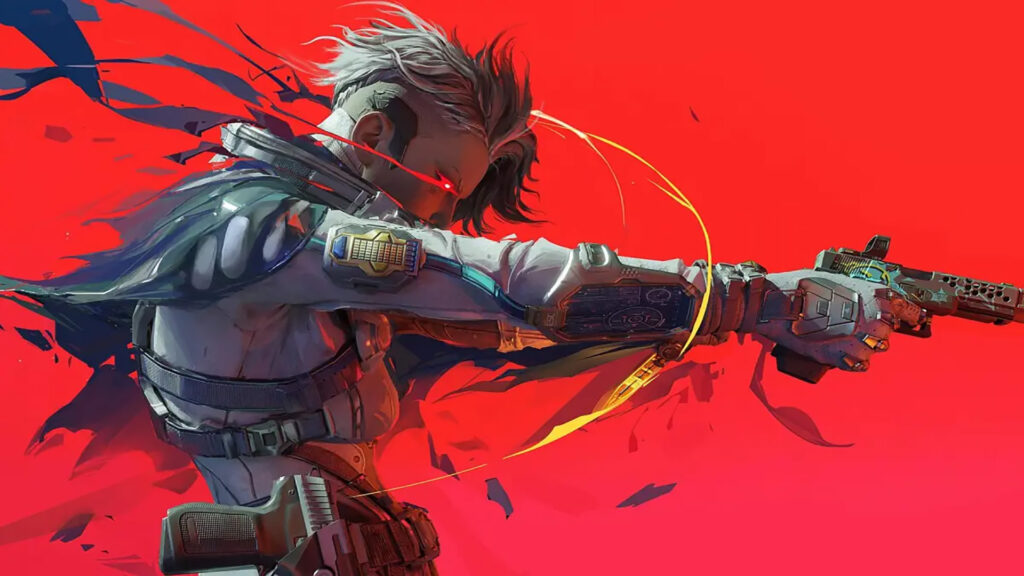 Image of FragPunk character aiming down sights of a pistol on a red background