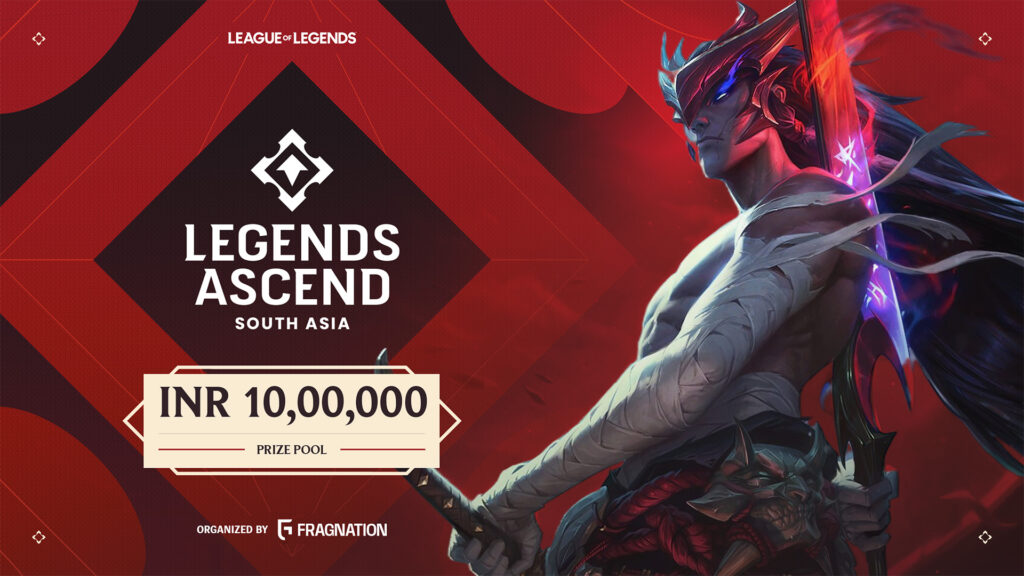 Image of League of Legends character standing next to white text on a red and black background
