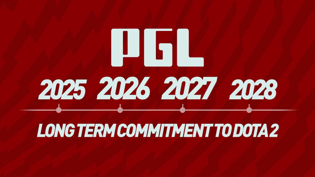 Image of PGL logo above a timeline on a dark red background