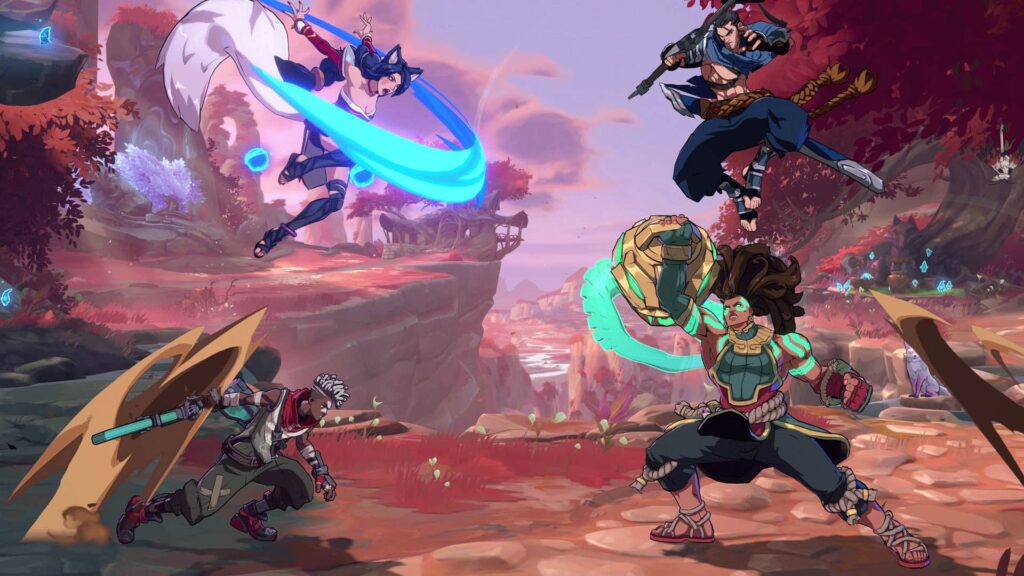 Four 2XKO characters engaged in a dynamic tag-team battle in a colorful fantasy landscape with cel-shaded visuals and glowing energy effects.
