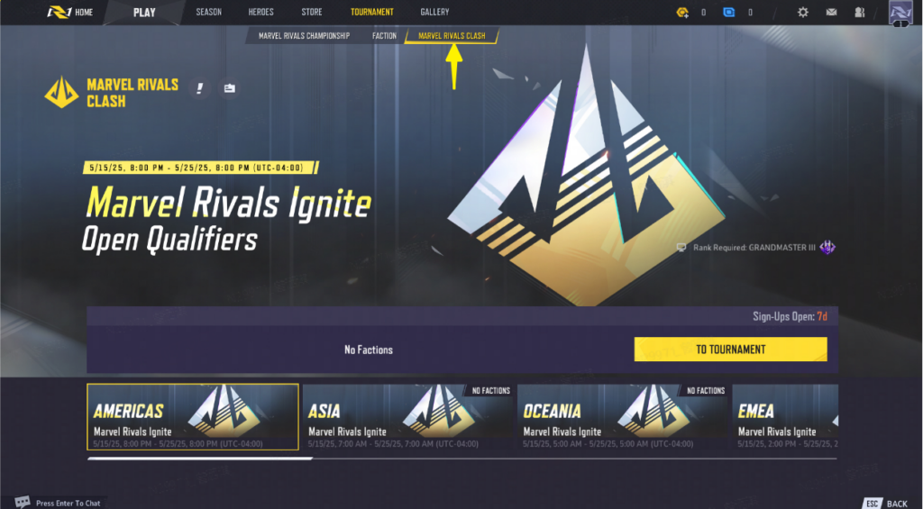 Marvel Rivals Ignite Open Qualifiers registration in-game tab