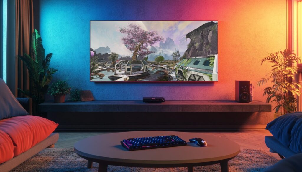 A cozy gaming room with ambient blue and orange lighting, showing the Apex Legends map "Broken Moon" on a large wall-mounted TV screen