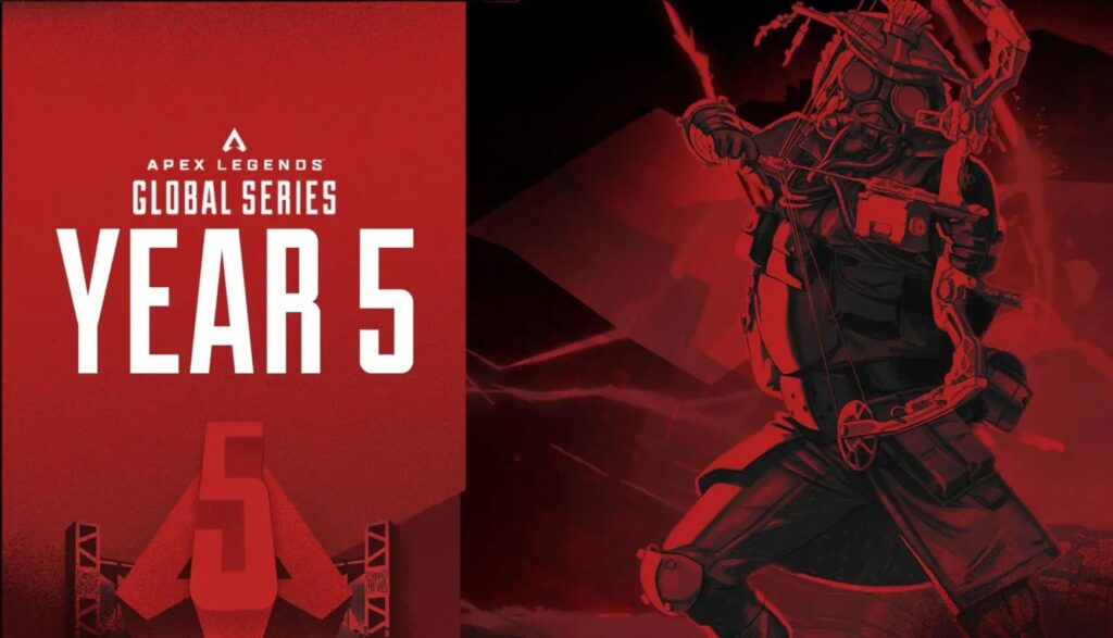 Apex Legends Global Series promotional image featuring a character in a gas mask wielding a bow, set against a bold red background.