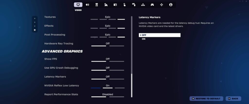 Advanced graphics settings screen with textures, effects, and post-processing set to Epic, ray tracing off, NVIDIA Reflex Low Latency enabled, and latency markers turned off.