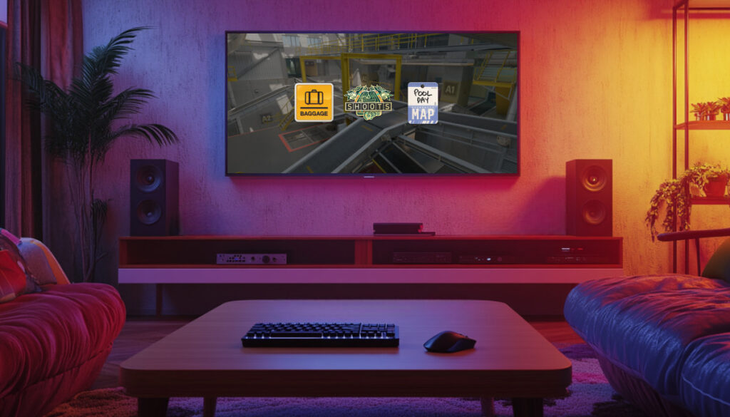 A cozy gaming setup with a large screen displaying Counter-Strike 2 maps selection, including Baggage, Shoots, and Pool Day.