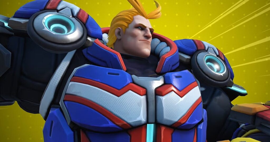 Reinhardt in his All Might crossover skin from Overwatch 2, wearing a bulky blue, red, and white armored suit inspired by the My Hero Academia character, with a confident expression and bright yellow background.