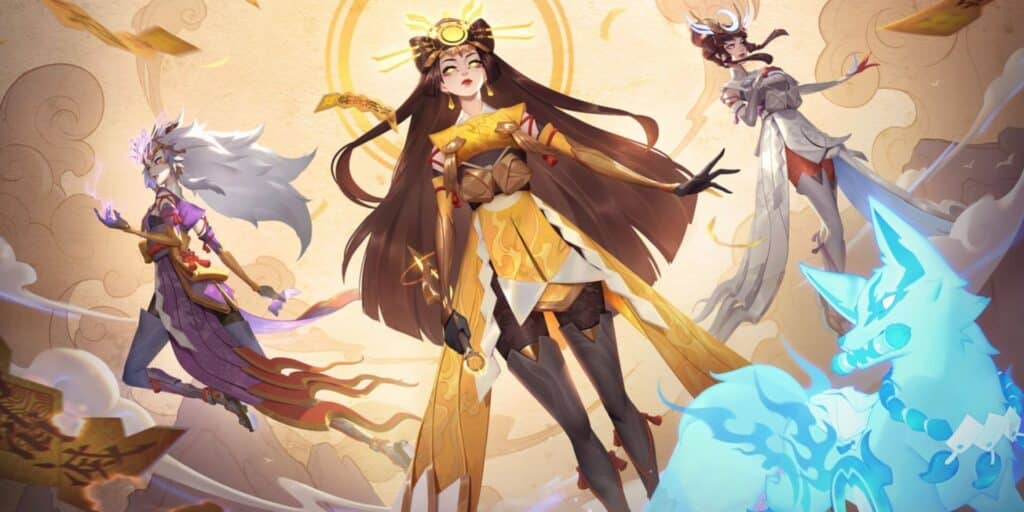 Three Overwatch characters are depicted in elegant attire, surrounded by swirling clouds and an ethereal blue fox.