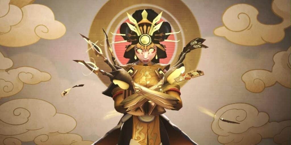 Kiriko with elaborate clothing and symbolic accessories stands with arms crossed, surrounded by stylized clouds and a radiant backdrop.