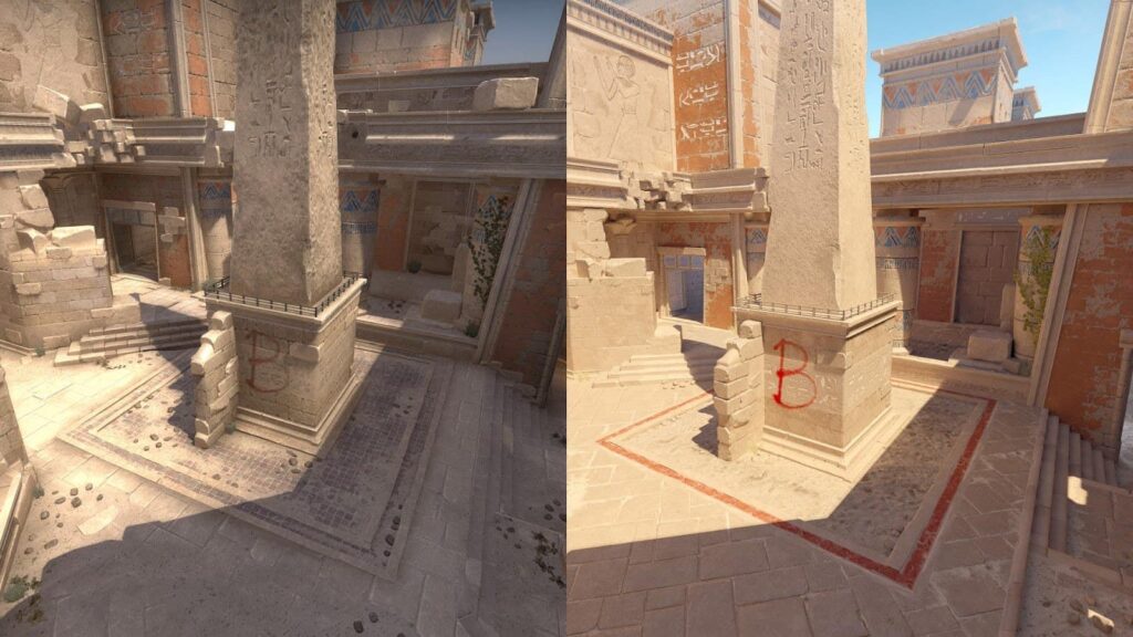 Side-by-side comparison of bombsite B on the Anubis map in Counter-Strike: Global Offensive (left) and Counter-Strike 2 (right), showing improved lighting, cleaner textures, and more vibrant colors in the updated CS2 version.