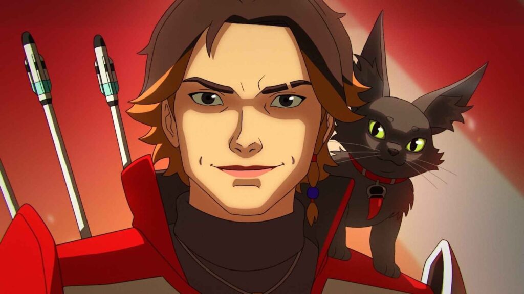 Sparrow from Apex Legends in red armor with a bow and a black cat on his shoulder.
