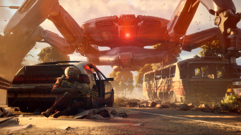 A heavily armed player takes cover behind a wrecked car as a massive red-eyed mech looms overhead — showcasing the danger and scale of threats in Arc Raiders.