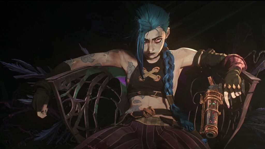 Jinx from Arcane sitting with a cold stare, holding a weapon in a dark setting