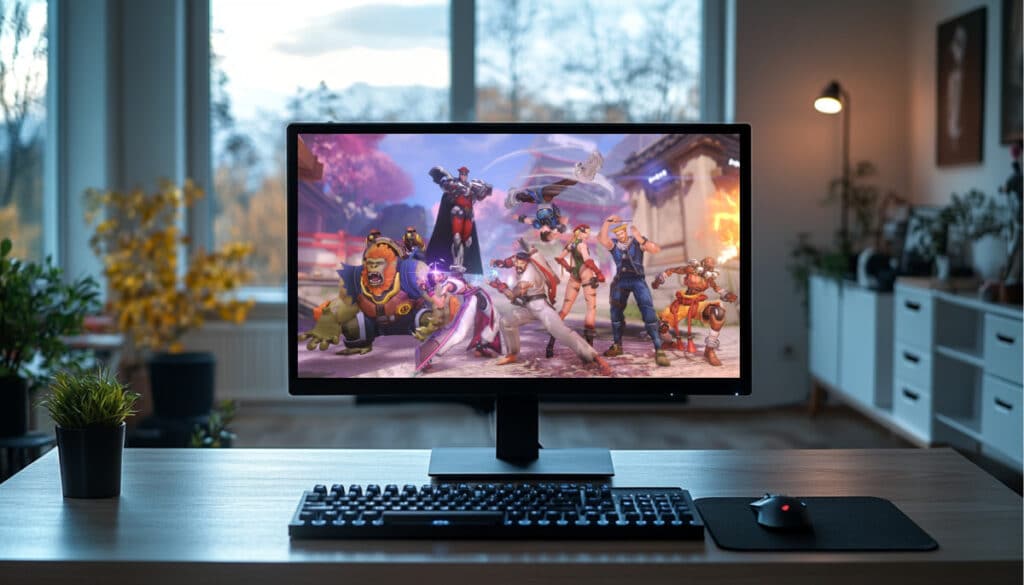 A computer screen displaying Overwatch 2 Street Fighter crossover skins, highlighting the debate over fun content versus aggressive monetisation.