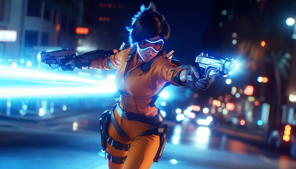 Tracer from Overwatch 2 in an action pose at night, firing dual pistols with a glowing blue trail behind her, in a futuristic city environment.