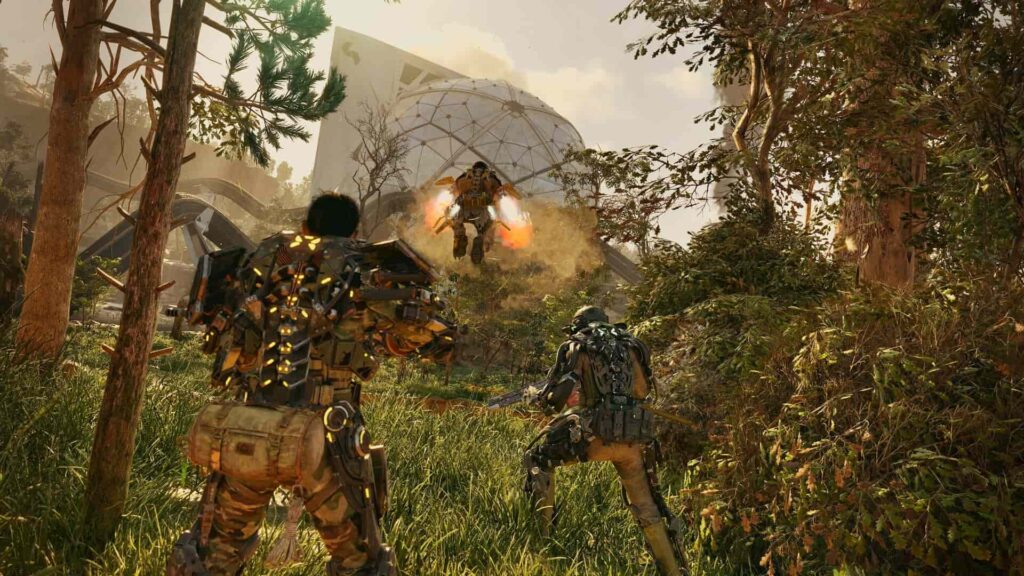 Three armored characters in Exoborne approach a geodesic dome in a dense forest; one uses a jetpack to launch into the air while the others advance on foot with weapons ready.