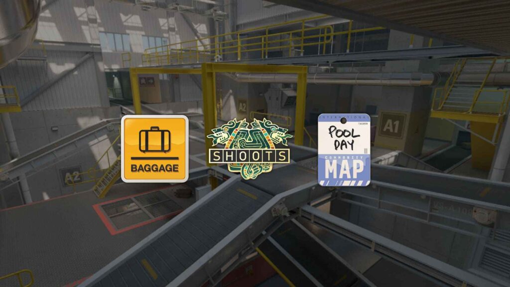 A game interface showcasing a map labeled "Pool Day," with icons for "Baggage" and "Shoots" against an industrial background.