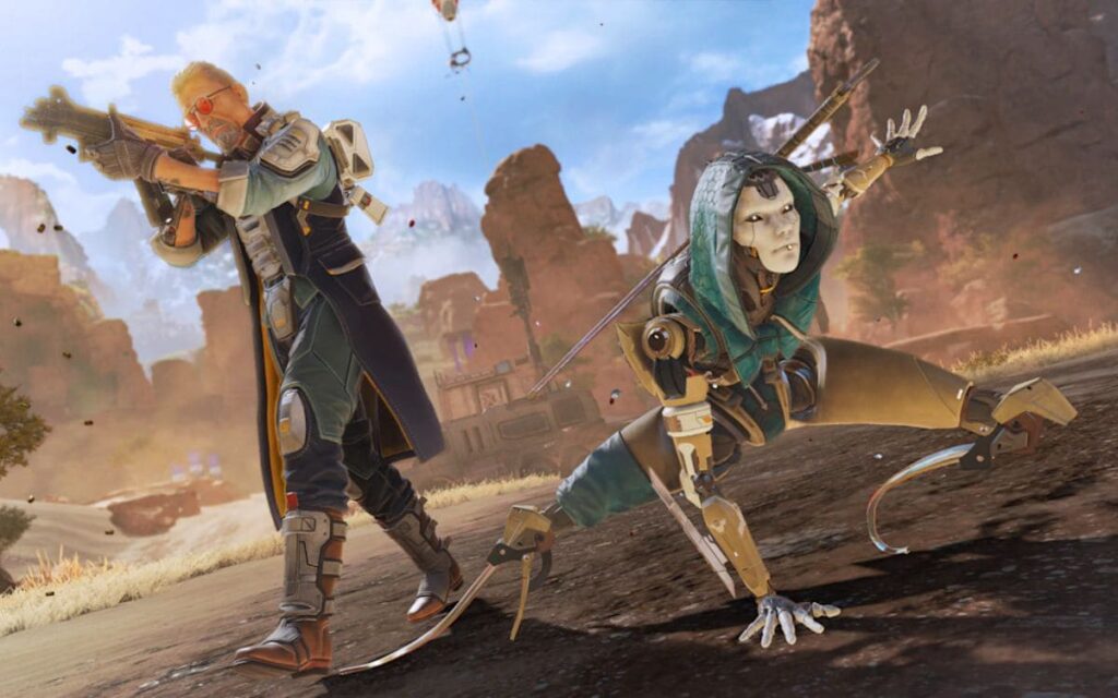 Two futuristic Apex Legends characters in a dynamic pose, one wielding a weapon, set against a rugged desert landscape.