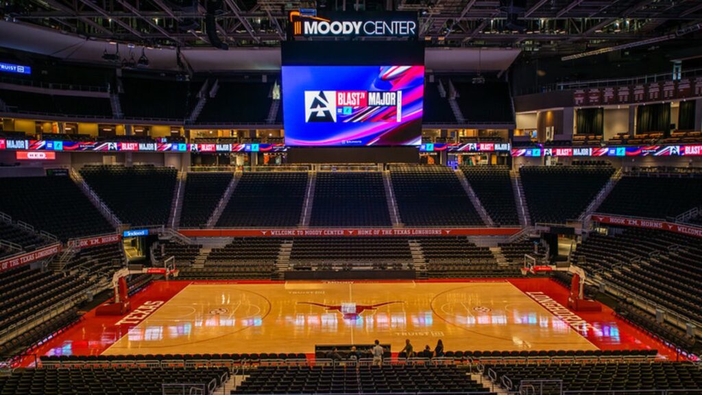 Image of BLAST Austin Major venue with people standing courtside