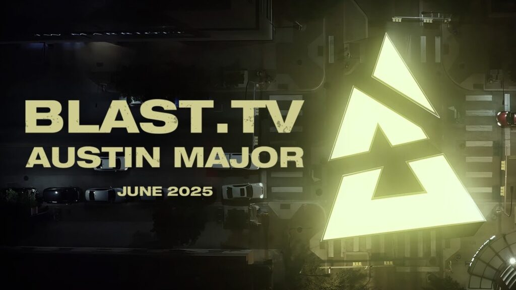 BLAST.tv Austin Major 2025 logo glowing on a city street at night, viewed from above.