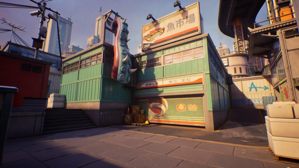 A colorful urban alley featuring a building with an octopus tentacle and food signage, set against a backdrop of skyscrapers.