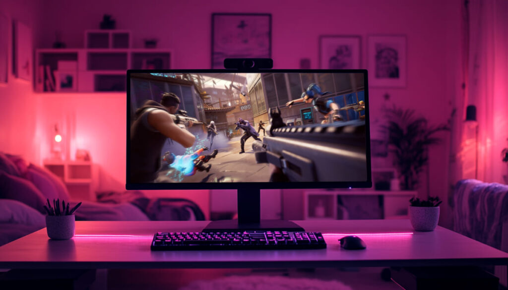 A gaming monitor displays a tense shooting scene while a softly lit, modern gaming setup features pink ambient lighting.