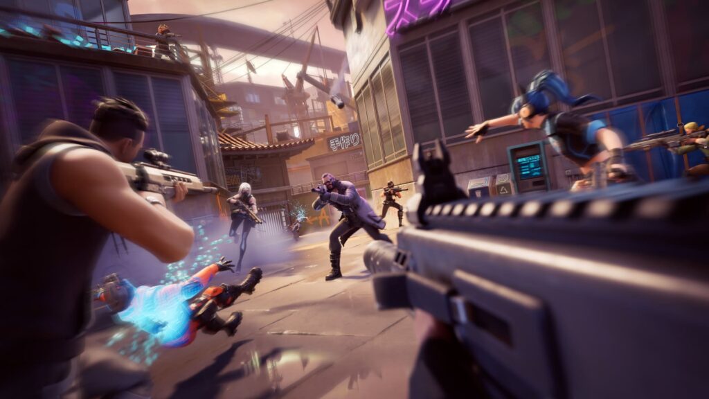 First-person view of an intense gunfight between Fortnite characters in a neon-lit urban setting, showcasing the tactical combat of Ballistic mode.