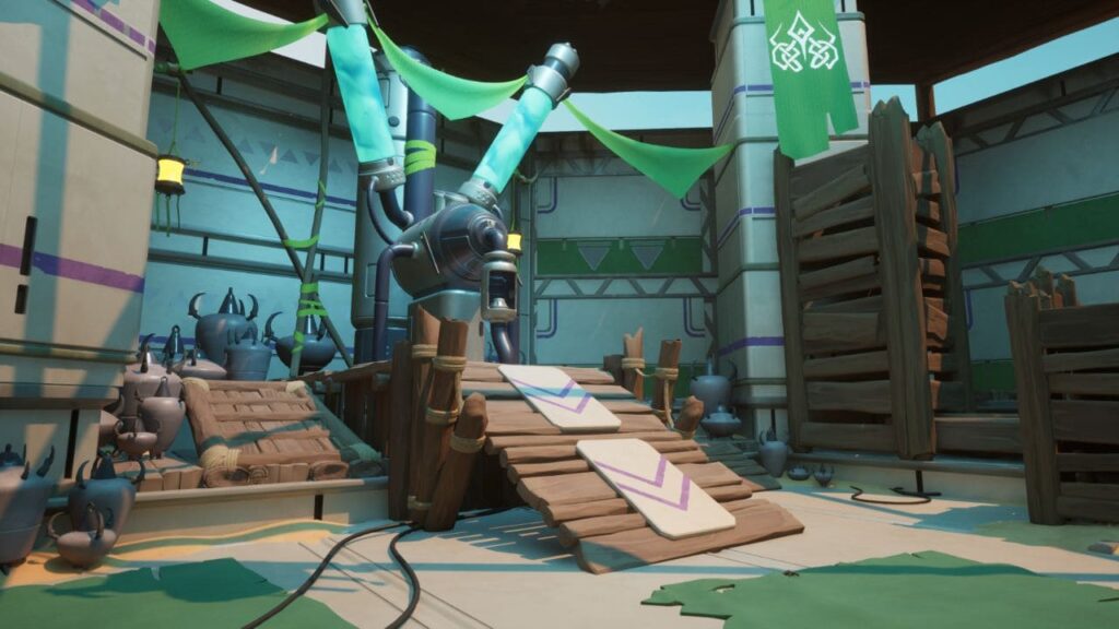 A vibrant indoor scene featuring a wooden ramp, colorful banners, and mysterious blue-lit machinery amidst decorative pottery.