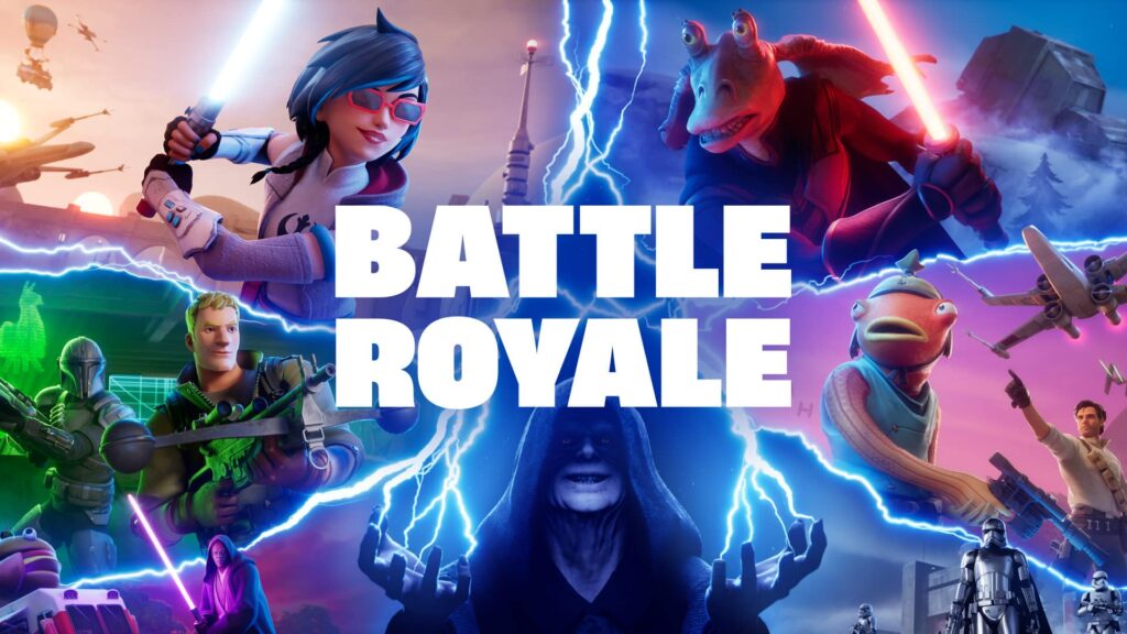 Fortnite characters with lightsabers and powers surrounding the “BATTLE ROYALE” title, highlighting the game’s crossover action.