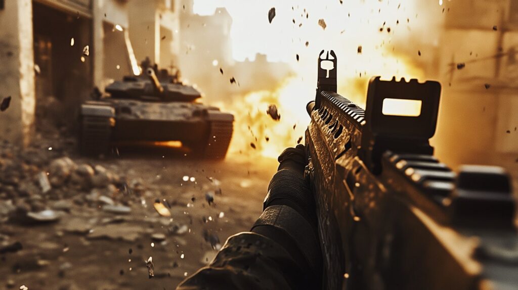 First-person view of a soldier aiming a rifle during an intense urban battle, with a tank and explosion ahead — representing Battlefield 6's alpha playtest focused on modern combat, destruction, and large-scale warfare.