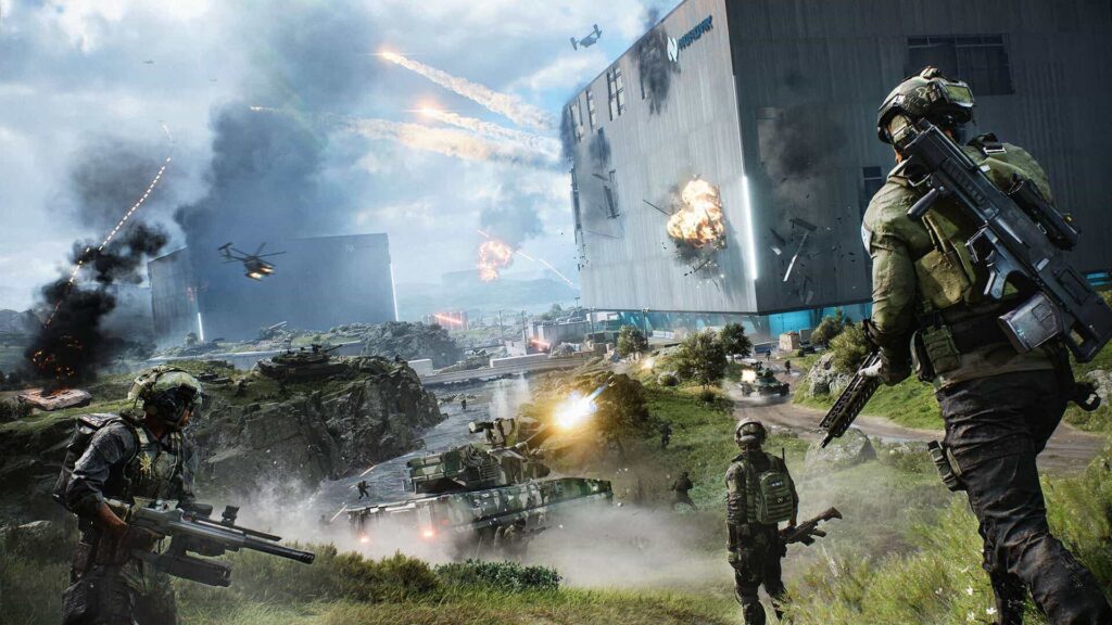 Soldiers in futuristic military gear engage in intense combat near a burning high-rise building in Battlefield 6, with tanks, helicopters, and explosions across a battlefield.