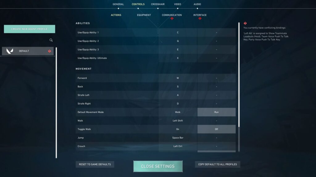 Screenshot of VALORANT settings menu displaying control configurations for abilities and movement, including key bindings.