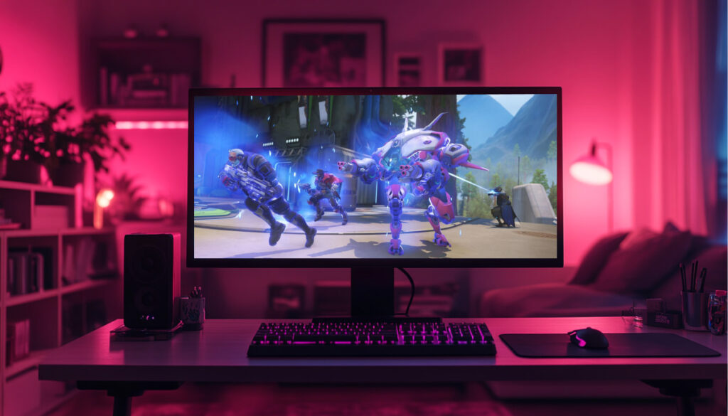 A gaming setup with a widescreen monitor displaying Overwatch 2 gameplay, featuring Soldier: 76, Cassidy, and D.Va in action on a vibrant map, with a cozy pink-lit room in the background.
